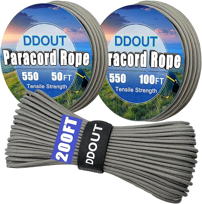 Paracord Nylon Rope Gray 100ft with 7-Strand Core, 10 Colors and 50/100/200 ft, Type III Parachute Cord 4mm for Camping, Survival, Hiking, DIY, Crafting, Outdoor Utility Rope