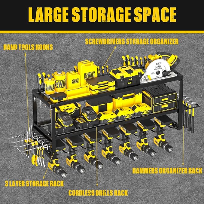 Power Tool Organizer Wall Mount for Tool Storage, Heavy Duty 7 Slots Cordless Drill Holder and Battery Shelf, Metal Tool Holder and Storage Rack with Charging Station for Garage Organization