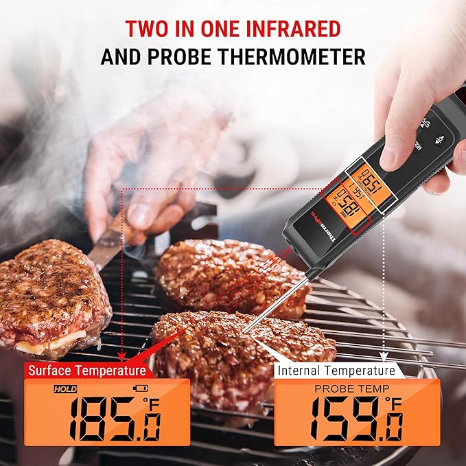 ThermoPro TP420 2-in-1 Instant Read Thermometer for Cooking, Infrared Thermometer Cooking Thermometer with Meat Probe, Non-Contact Laser Meat Thermometer for Griddle Grill Pizza Oven HVAC Pool, Black