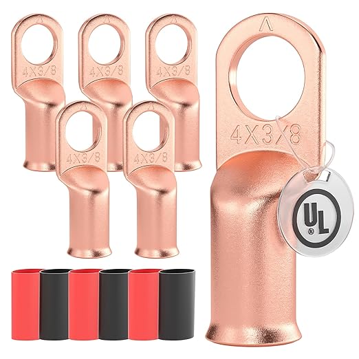 AIRIC UL Listed 4 AWG - 3/8" Battery Cable Lugs, Heat Shrink Ring Terminals End, Copper Cable Ends, Wiring Connector Terminal, Electrical Crimp Connectors, Wire Lug for 4 Gauge Wires, 6 PCS