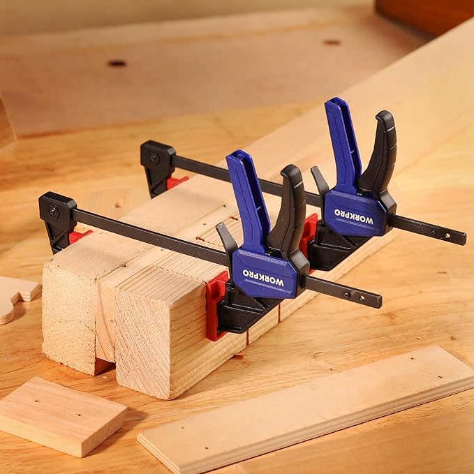 WORKPRO Mini Bar Clamps for Woodworking, 6"(2) and 4-1/2"(2), 4-Piece One-Handed Clamp/Spreader, Light-Duty Quick-Change F Clamp with 150lbs Load Limit Blue