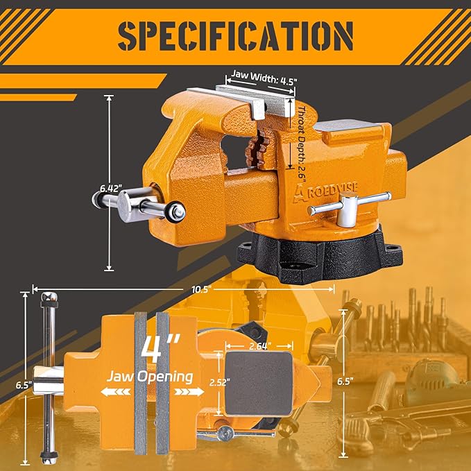 Bench Vise 4.5-Inch Heavy Duty Vise 210° Swivel Base, Multi-Purpose Vise with Large Anvil for Industrial, Home(4.5" Jaw Width)