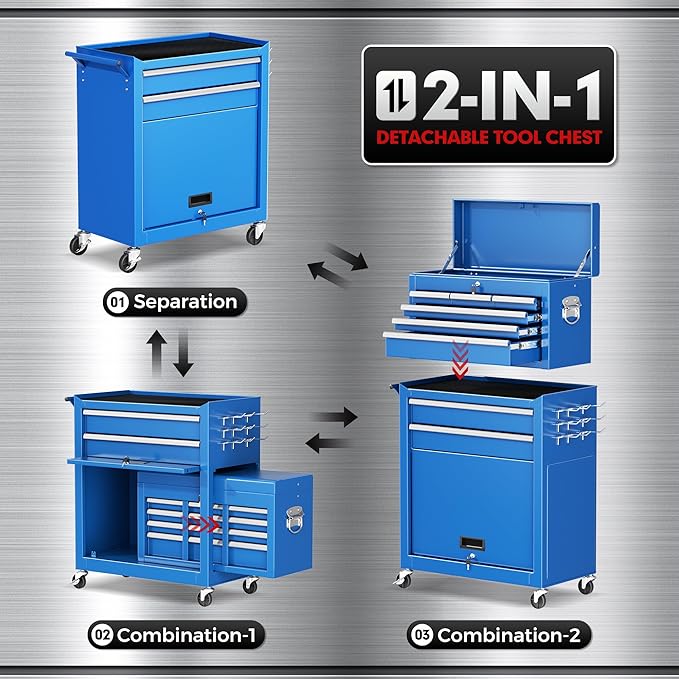 Crownland 8-Drawer Rolling Tool Chest with Wheels, Lockable 2 in 1 Detachable Tool Cabinet wit Drawers and Black Liners, Garage Top Toolbox & Bottom Storage Cart with Side Hooks(Blue)