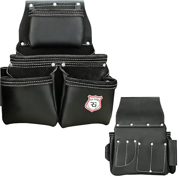 Leather Tool Belt with Adjustable Hook - Premium Heavy Duty Tool Belts for Men with 22 Multi-Purpose Pocket Tool Pouch (Black, Standard), RG-004