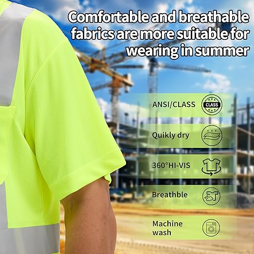 sesafety 3PACK High Visibility Shirts for Men, Class 3 Hi Vis Reflective Construction Shirts for Men with Pocket Safety T Shirts