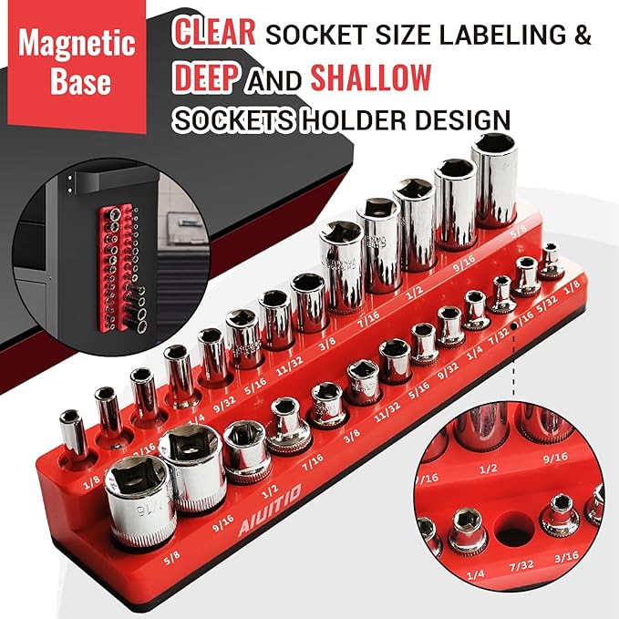 6-Piece Magnetic Socket Organizer Set, Magnetic Socket Holder Includes 1/4", 3/8", 1/2" Drive Metric SAE Socket Trays, Holds 143 Pieces Standard and Deep Sockets(Socket not Included)