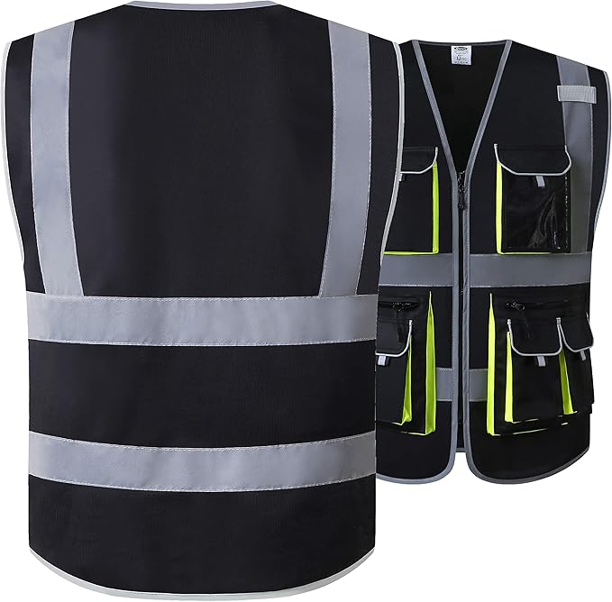 JKSafety 10 Pockets Black Color Safety Vest Zipper Front with High Reflective Strips Meets ANSI/ISEA Standards (88-Black, XX-Large)