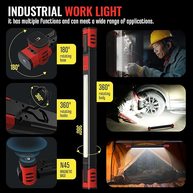 Underhood Magnetic Work Light for Mechanics, 7800mAh 12H, Rechargeable Hood Light, IP65 Waterproof, 360° Rotating, 4 Modes (2700K-6500K), USB-C Fast Charge, for Car Repairing/Garage/Emergency