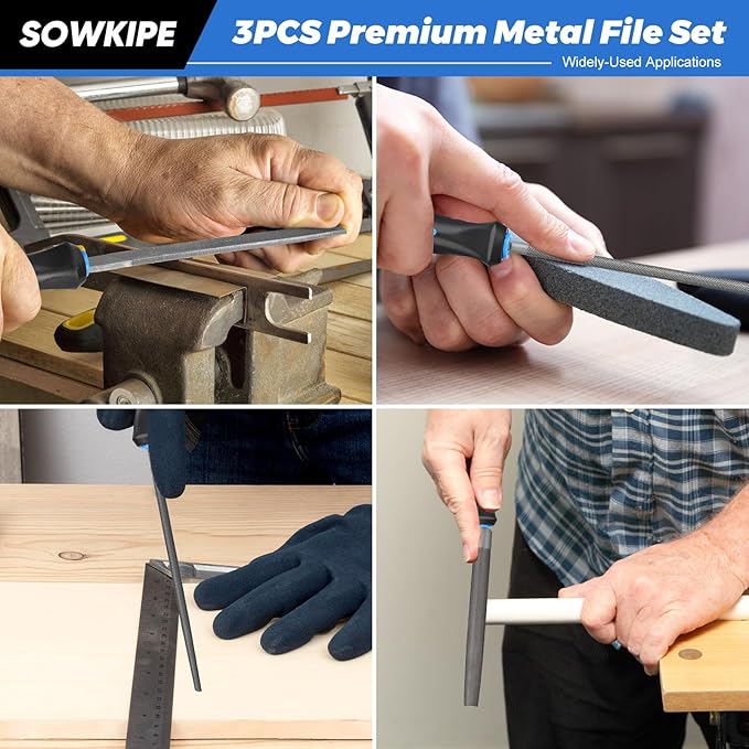 3-Piece Metal File Set, Premium High-Carbon Steel Files, 8 Inches, Includes Flat, Round, and Half-Round, Perfect for Metal, Wood, and More