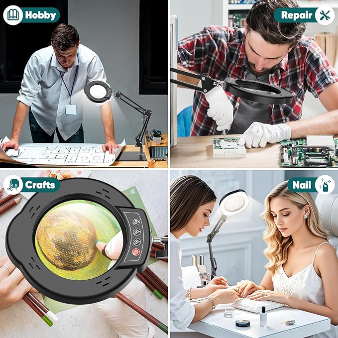 10X Magnifying Glass with Light and Stand，Real Glass Lens 5 Color Modes Dimmable LED Lighted Magnifier with Swing Arm Hands Free Magnifying Desk Lamp for Crafts Sewing Painting Reading Close Work
