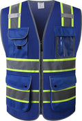 JKSafety 9 Pockets High Visibility Zipper Front MESH Blue Safety Vest | Blue with Dual Tone High Reflective Strips | ANSI/ISEA Standards (100-Blue, XXL)