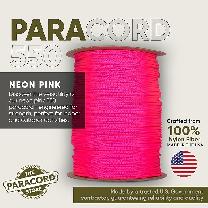 The Paracord Store | Type III 550 Paracord - 1000 FT Spool, Neon Pink | Heavy Duty 7 Strand Tactical Paracord - USA Made Nylon Outdoor Parachute Cord for Camping, Fishing & More - Survival Cord