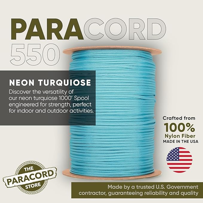 The Paracord Store | Type III 550 Paracord - 250 FT Spool, Neon Turquoise | Heavy Duty 7 Strand Tactical Paracord - USA Made Nylon Outdoor Parachute Cord for Camping, Fishing & More - Survival Cord