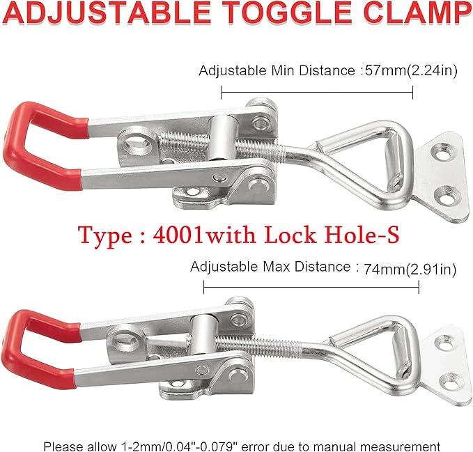 2Pack Stainless Steel 304 Adjustable Toggle Clamp Catch Clasp With Lock Hole, Heavy Duty Quick Release Clamp Anti-Slip Push Pull Toggle Clamp w/Free Screws (Model: 4001 with Lock Hole-S)