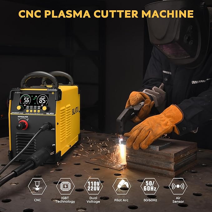 SILATU Plasma Cutter, 85Amps Blowback Pilot Arc Air Sensor Technology, Digital Display, 110V/220V Dual Voltage Non-HF CNC Plasma Cutter Machine, 1″ Clean Cut 7/5″ Max Cut, PT/2T/4T for Beginners DIY