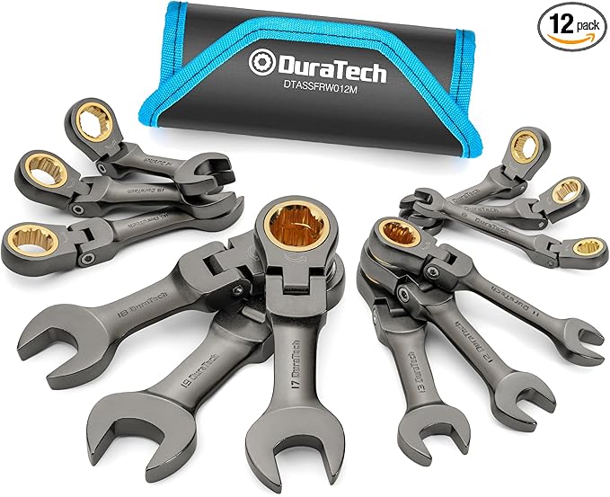 DURATECH 12-Piece Anti-Slip Flex-Head Ratcheting Wrench Set, Stubby Combination Wrench Set, Metric, 8-19mm, 72-Teeth, CR-V Steel, Nickel Plated with Pouch