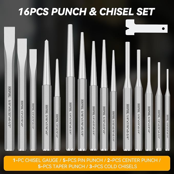 Punch and Chisel Set Heavy Duty, 16pcs CR-V Steel 5 Taper Punch，3 Cold Chisel, 2 Center Punch, 5 Pin Punch Set with Roll-Up Pouch for Metal, Wood, and Automotive Projects（16pcs）