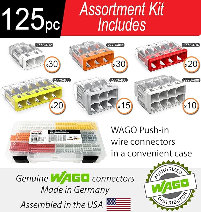 WAGO 2773 Wall Nuts 125pc Push-in Wire Connector Assortment Kit with Case | Splicing for Solid and Stranded Electrical Conductors | 2773-402, 2773-403, 2773-404, 2773-405, 2773-406, 2773-408