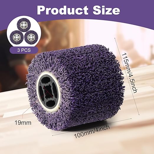 Rocaris 3PCS 36 Grit Abrasive Drawing Wheel Drum, 4.5"×4" Wire Drawing Polishing Burnishing Wheels, Buffing Wheels for Wood Metal Surface Polishing, Purple
