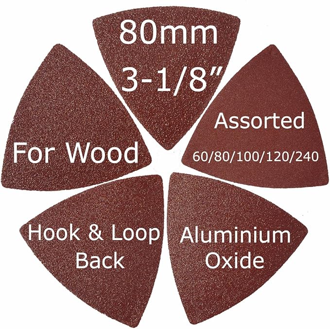 XXGO 105 Pcs Triangular 3-1/8 Inch 80mm 60 80 100 120 240 Grits Multitool Sanding Pads Kits Include 100 Pcs Triangle Sandpaper and 5 Pcs Triangle Sanding Pads XG105T