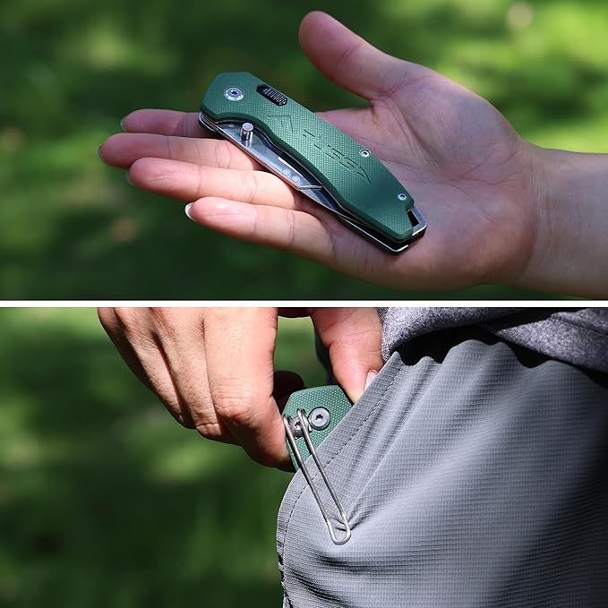 FLISSA Folding Utility Knife, 3-in-1 EDC Knife with Drop Point, Gut Hook & Replaceable Blades, Quick Change, Liner Lock, G10 Handle, Belt Clip for Outdoor & Everyday Use, Includes 16 Blades