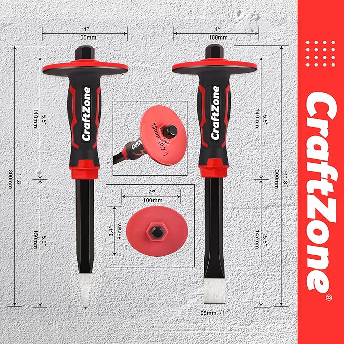 Masonry Chisel Set - 2-Piece Heavy Duty Pointed & Flat Rock Chisels 300x19mm | 40CR Steel Heat-Treated for Brick Concrete Stone - Demolition & Construction Tools