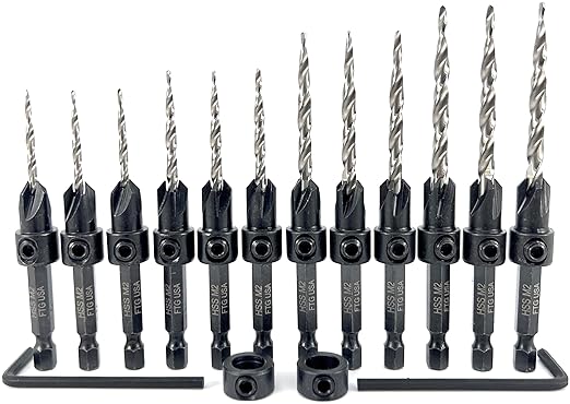 FTG USA Countersink Drill Bit Set for Wood with Tapered Drill Bit - #4 (7/64"), #6 (9/64"), #8 (11/64"), #10 (3/16")
