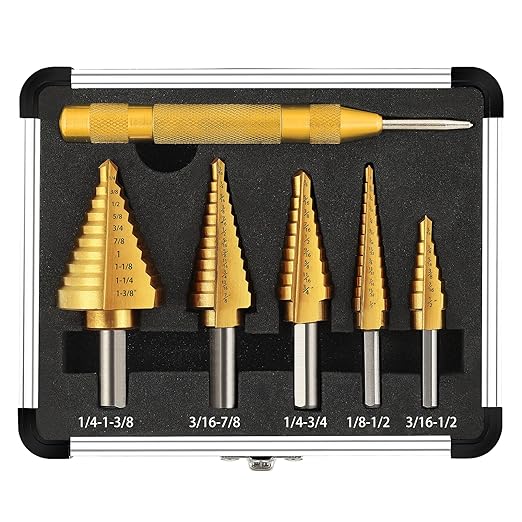 COMOWARE Step Drill Bit Set 5-Piece Titanium-Coated with Automatic Center Punch HSS- Covering 50 Sizes, Complete with Aluminum Case