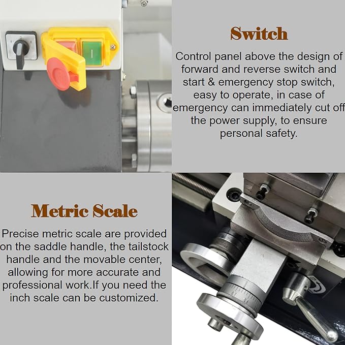 Metal Bench Lathe Machine 8 * 16 Inch Switch Imperial and Metric Scale Automatically for Milling Drilling Metal Working with Adjustable Speed 3-Jaw Chuck Emergency Stop Switch 1100W