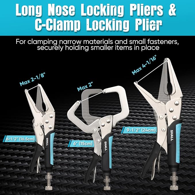 SHALL 6-Piece Locking Pliers, Vice Grips Pliers Set, 5",7" & 10" Curved Jaw Locking Pliers, 6-1/2" & 9-1/2 Long Nose Locking Pliers, 6" Locking C-Clamp, Two-Color TPR Handle, Roll Up Pouch Included