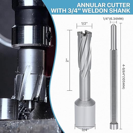 KEENTECH Carbide-Tipped Annular Cutter, 1/2" Diameter x 2" Depth, 3/4" Weldon Shank (2 Flat), High Speed Cutting TCT Mag Drill Bit with Pilot Pin for Harder Material, Stainless Steel, Cast Iron