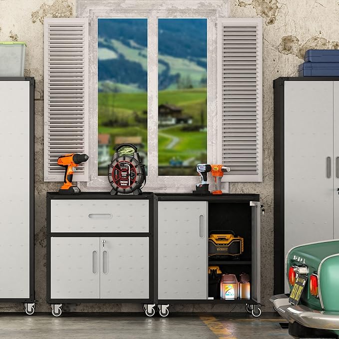 Metal Mobile Tool Storage Cabinet with Wheels,Heavy Duty Rolling Tool Cabinets for Garage,Metal Storage Cabinets with 2 Locking Doors and 1 Drawer,Assembly Required