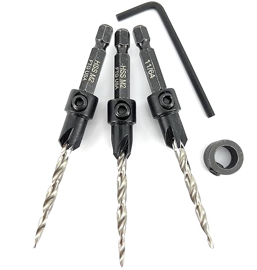 FTG USA Countersink Drill Bit Set for Wood with Tapered Drill Bit 3 Pc #8 (11/64")