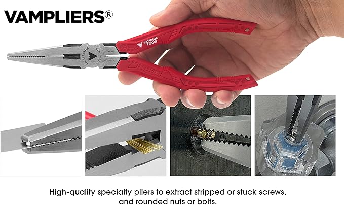 VAMPLIERS 4-Piece Stripped Screw Extractor Pliers Set. Made in Japan: 8" Linesman, 7.5" Long Nose, 6.25" Multipurpose & 5" ESD Safe Pliers. Remove any Stripped/Damaged/Rusted Screws.