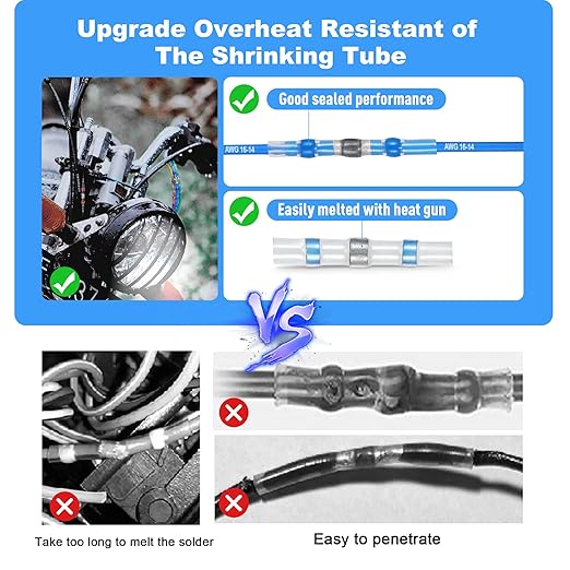 Kuject 200PCS Solder Seal Heat Shrink Wire Connectors AWG 16-14, Blue Butt Connectors Waterproof Splice for Marine, Automotive, Boat