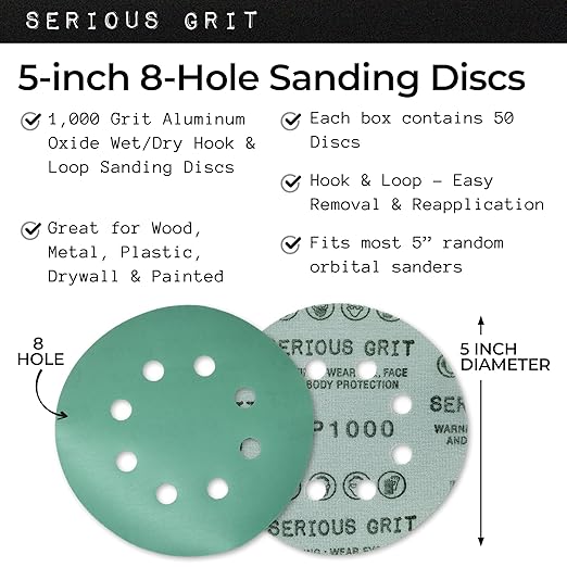 Sanding Discs 5 Inch 8 Hole 1000 Grit - Heavy-Duty Hook & Loop Wet Dry Film Sandpaper Discs - Ultra Fine Sand Paper for Random Orbital Sanders - Wood, Automotive, Epoxy, etc - 50 Pack Box