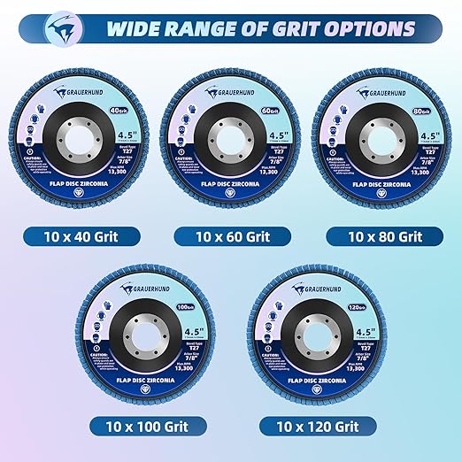 50 Pack Flap Discs 4 1/2" x 7/8" for Angle Grinder, 40/60/80/100/120 Grit T27 Flap Sanding Discs, 4 1/2 Inch Grinding Wheels, Zirconia Grinding Discs for Metal, Wood, and Stainless Steel Finishing