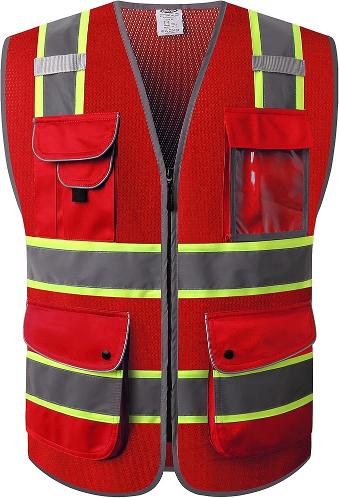 JKSafety 9 Pockets Hi-Vis Neon Red Zipper Front MESH Safety Vest with Fluorescent Yellow Extend Edge outlining the Reflective Tapes Meet ANSI/ISEA Class 2 Standard (100-Red, X-Large)