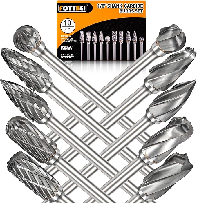 Carbide Burr Set Compatible with Dremel Rotary Tool 10Pcs Die Grinder Bits Rotary File Rasp with 1/8” Shank and 1/4” Grinding Head Accessories for DIY, Woodworking, Metal Carving, Drilling, Polishing
