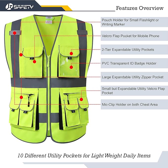JKSafety 10 Pockets Class 2 High Visibility Zipper Front Safety Vest Yellow with High Reflective Strips Meets ANSI/ISEA Standards (88-Yellow, X-Large)