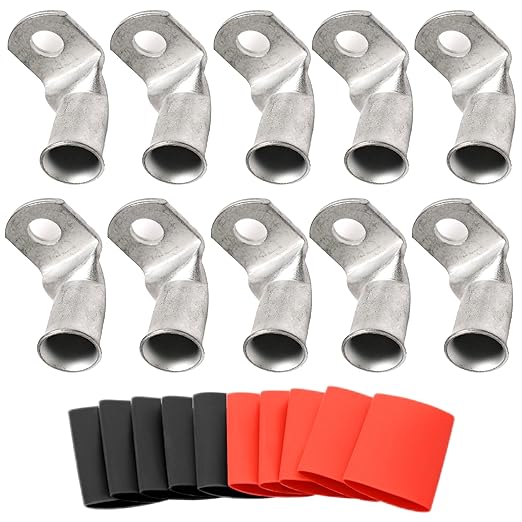 Tinned Copper Cable Lugs 8pcs 3/0 AWG-3/8 90 Degree Bent Battery Lugs,Heavy Duty Wire Lugs,Ring Terminal,000 Guage terminals,Battery Cable Ends/Terminal Connectors with 8pcs 3:1 Heat Shrink Tubing