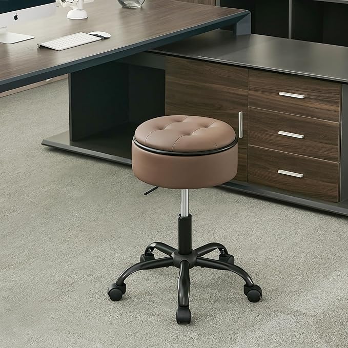 Drafting Chair with Storage, Adjustable Desk Stool with Wheels 20.67"-24.61", Coffee Brown Ergonomic Office Stool