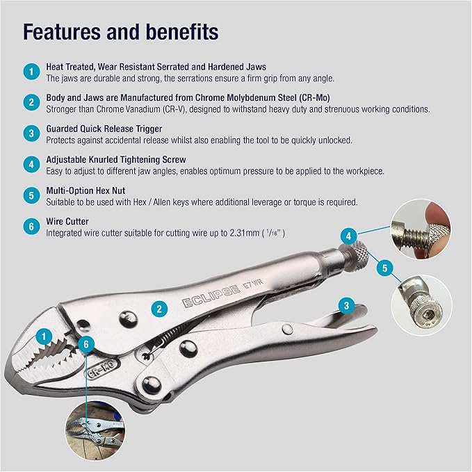 Eclipse Professional Tools E7WR 7 Inch Curved Jaw Locking Pliers with Wire Cutters (7" / 175mm)
