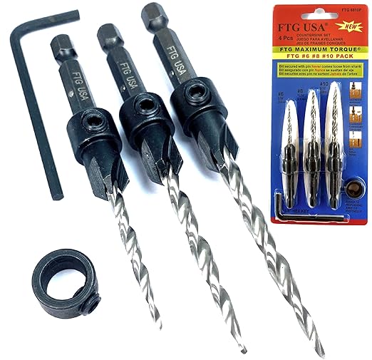 FTG USA Adjustable Wood Countersink Drill Bit Set #6#8#10 with Tapered Drill Bit for Woodworking