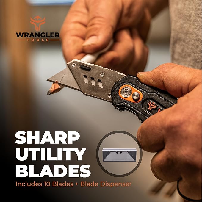 Folding Utility Knife - Flip Open Design - Heavy Duty Fixed Folding With 10 Blades, Blade Dispenser, Thumb Rest & Belt Clip - Work Knife For Carpenters