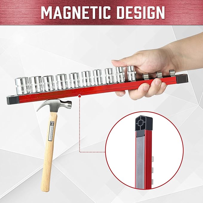 ALOANES 3-Piece Magnetic Socket Organizer, Heavy Duty Aluminum Socket Rails Organizer with 33 Stainless Clips (1/2-Inch) - Red