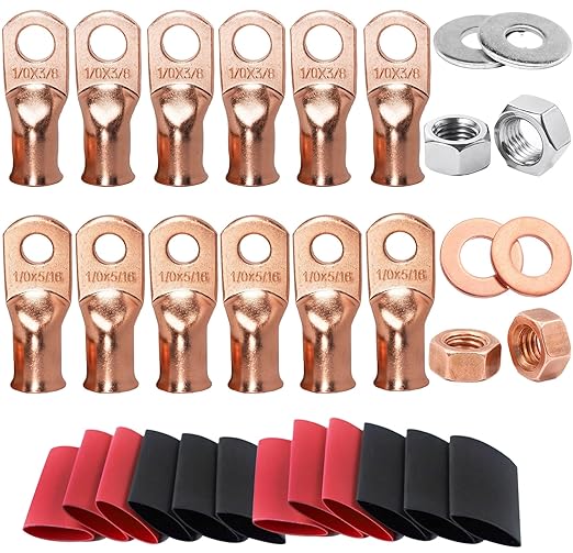 SVAAR 0 Gauge Battery Cable Ends 1/0 AWG 3/8" & 1/0 AWG 5/16" Battery Lugs 1/0AWG Bare Copper Lugs Kit 12 PCS 0 Gauge Wire Lugs Ring Terminals +12PCS 3:1 Heat Shrinks + Hex Nuts and Flat Washers