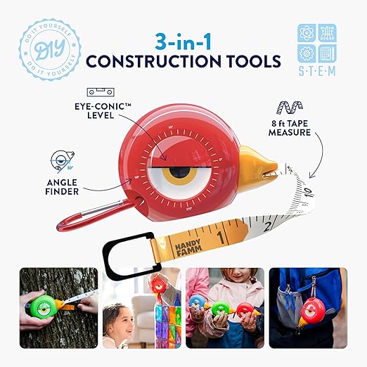 Handy Famm 8Ft Animal Shaped Kids Tape Measurer, Fun Level and Protractor Angle Finder, Educational Children's Tools, Small Measuring Tapes for Learning Early Math Skills, Ages 3 and up, Red Bird