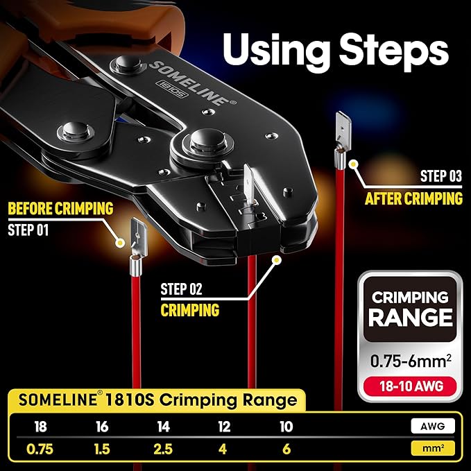 SOMELINE Wire Terminal Connector Crimping Tool Kit,3.9mm 4.8mm 6.3mm 18-10 AWG Crimper, Non-Insulated Copper Connector for Use on Connectors, Male Female Spade and Ring Terminal