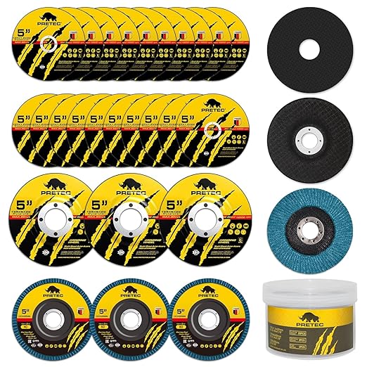 Grinding Cutting Wheels 5 inch Set - PRETEC 5" 20 Cut Off Wheels, 3 Grinding Wheels, and 3 Flap Discs for Angle Grinder Cutting and Grinding 5"x 1/24" x 7/8", 20+3+3 PCS, Brown